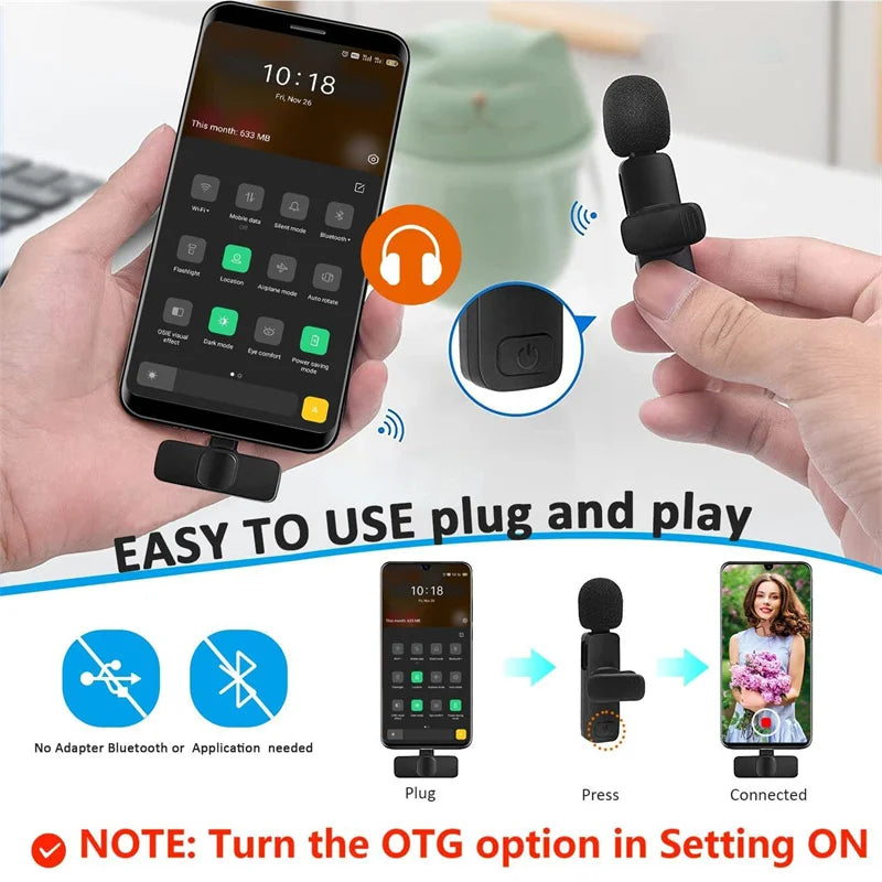 Microfone de lapela sem fio Android para vídeo